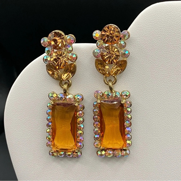 Glamorous Topaz and Aurora Borealis Glass and Rhinestone Drop Earrings Pierced - Picture 11 of 13